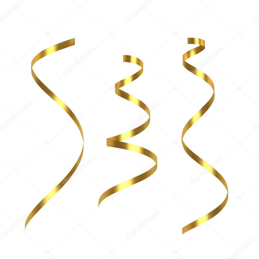 Golden serpentine ribbon isolated white background. Vector illustration.