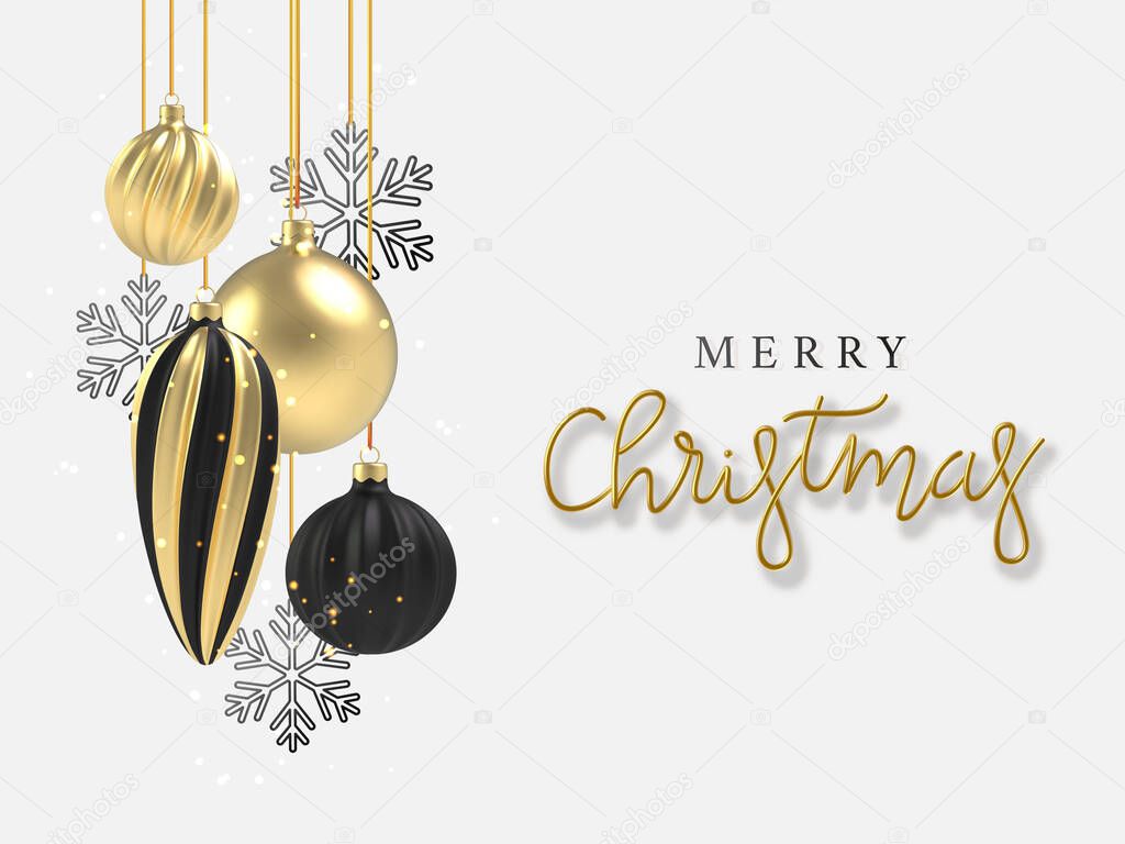 3d realistic background Gold and black Christmas ball, black snowflake in on white background. . Vector illustration.