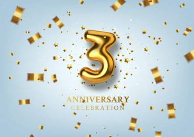3. yıldönümü kutlaması. Altın balon şeklinde sayı. Vektör illüstrasyonu.