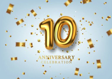 10. yıldönümü kutlaması. Altın balon şeklinde sayı. Vektör illüstrasyonu.