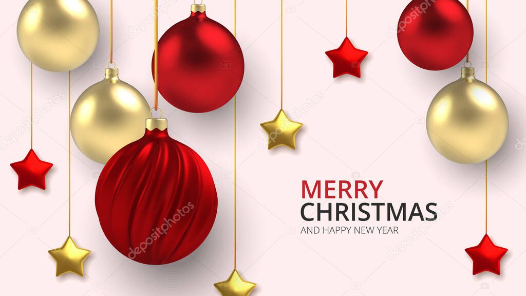 3D Realistic background Gold and red Christmas balls and stars in realistic style on white background. Vector