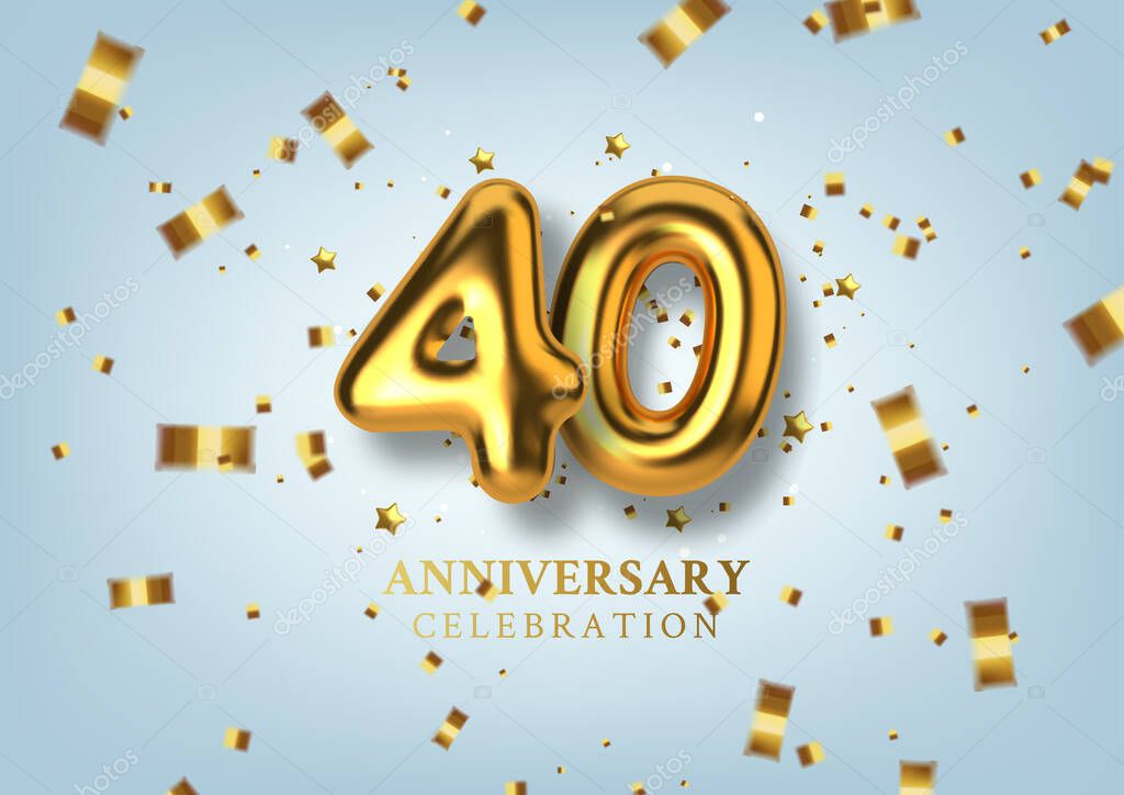 40th Anniversary celebration. Number in the form of golden balloons. Realistic 3d gold numbers and sparkling confetti, serpentine. Vector illustration
