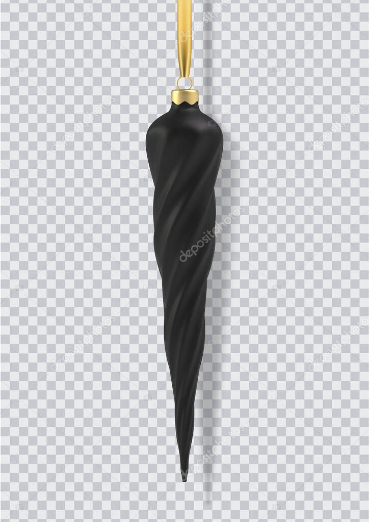 Realistic black Christmas tree toy in the form of a icicle, spiral. 3D Illustration object for christmas. Vector isolated on a transparent background