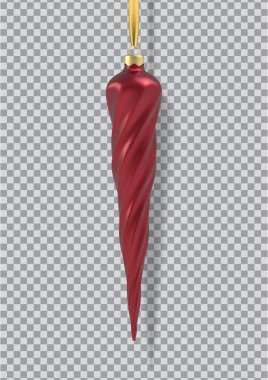 Gerçekçi kırmızı Noel ağacı oyuncağı buz saçağı şeklinde, sarmal. Noel tasarımı için 3D Illustration objesi, maketi. Şeffaf bir arkaplanda izole edilmiş vektör