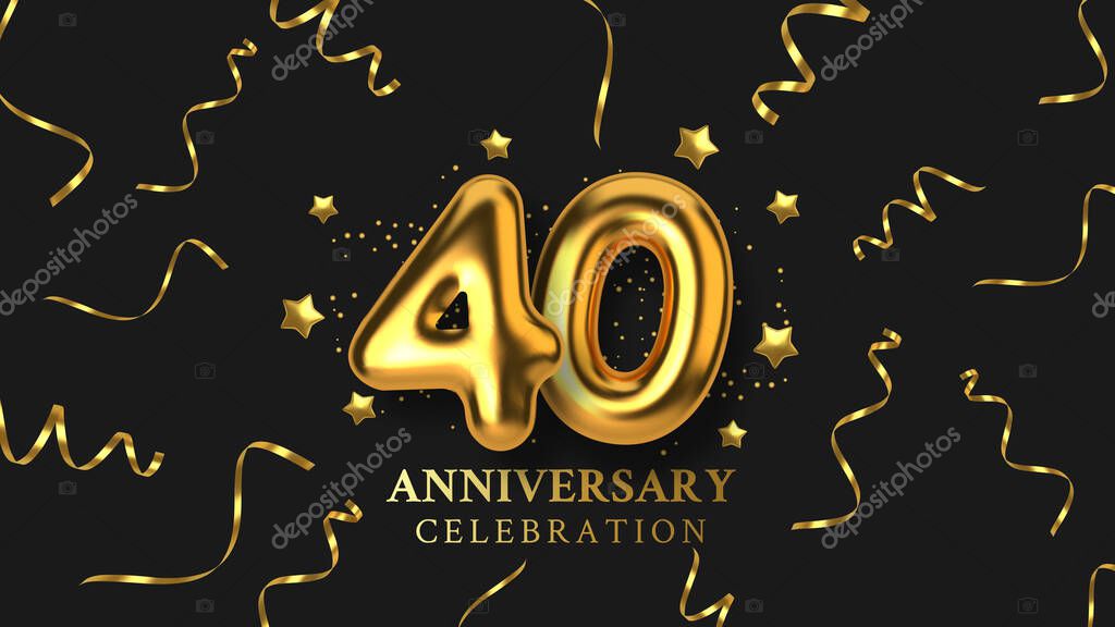 40th Anniversary celebration. Number in the form of golden balloons. Realistic 3d gold numbers and sparkling confetti, serpentine. Horizontal template for Birthday or wedding event. Vector