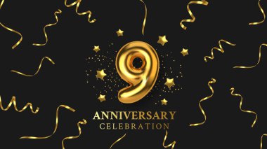 9. yıldönümü kutlaması. Altın balon şeklinde sayı. Gerçekçi 3D altın rakamlar ve ışıl ışıl konfeti, yılan gibi. Doğum günü ya da düğün için yatay şablon. Vektör