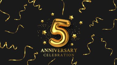 5. yıldönümü kutlaması. Altın balon şeklinde sayı. Gerçekçi 3D altın rakamlar ve ışıl ışıl konfeti, yılan gibi. Doğum günü ya da düğün için yatay şablon. Vektör