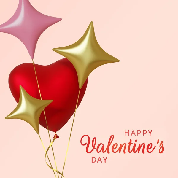 Valentinstag Grußkarte. Realistische 3D-rosa Luftballons Herzen und goldene Sterne auf rosa Hintergrund. Liebe und Hochzeit. Vorlage für Produkte, Web-Banner und Flugblätter. Vektorillustration — Stockvektor