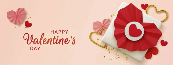 Valentijnsdag wenskaart. Realistische 3D rode papieren hartjes en cadeau op roze achtergrond. Liefde en bruiloft. Sjabloon voor producten, webbanners en folders. Vector — Stockvector