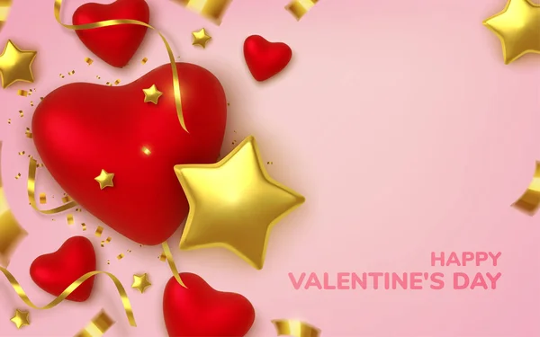 Tarjeta de felicitación del día de San Valentín. Realista 3d corazones rojos en oropel — Vector de stock