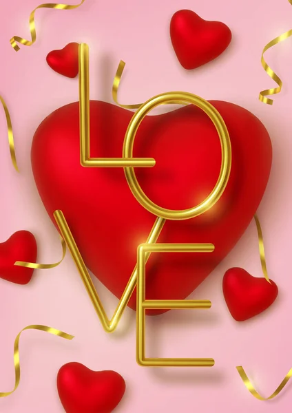 Valentijnsdag wenskaart. Realistische 3d rode harten in knutselen — Stockvector