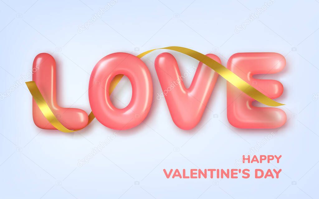 Valentines Day greeting card. Realistic 3d pink hearts in tinsel and balloons text . Love and wedding. Template for products, web banners and leaflets. Vector 