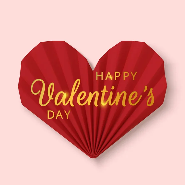 Biglietto d'auguri per San Valentino. Realistici cuori di carta rossa 3D e testo in oro su sfondo rosa. Amore e matrimonio. Modello per prodotti, banner web e volantini. Illustrazione vettoriale — Vettoriale Stock