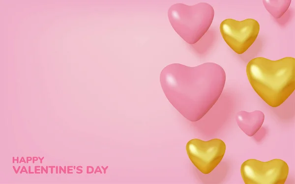 Biglietto d'auguri per San Valentino. Cuori realistici 3d rosa e oro. Amore e matrimonio. Modello per prodotti, banner web e volantini. Vettore — Vettoriale Stock