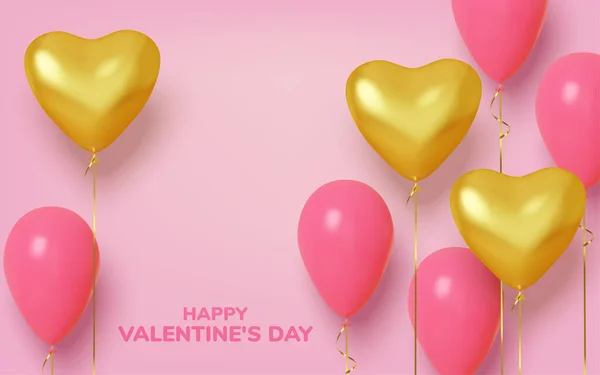 Valentijnsdag achtergrond met realistische ballonnen roze en goud in vorm harten. Liefde en bruiloft. Sjabloon voor producten, webbanners en folders. Vector — Stockvector