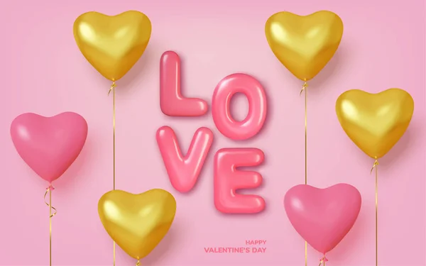 Valentines day background with realistic balloons pink and gold in shape hearts. Text in the form of pink balls. Love and wedding. Vector — Stock Vector