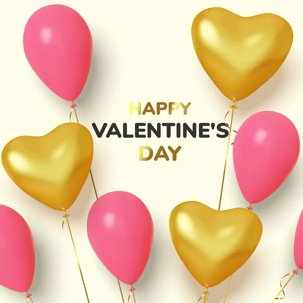 Valentinstag Hintergrund mit realistischen Luftballons rosa und gold in Form Herzen. Liebe und Hochzeit. Vorlage für Produkte, Web-Banner und Flugblätter. Vektor — Stockvektor