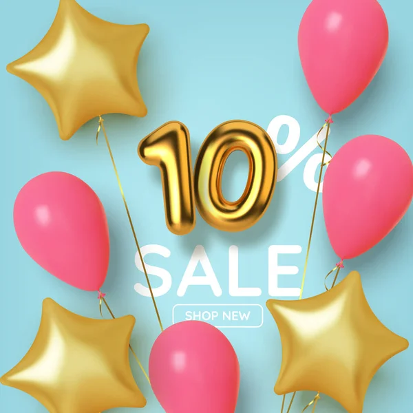 10 descuento promoción venta hecha de número de oro 3d realista con globos y estrellas. Número en forma de globos dorados. Vector — Vector de stock