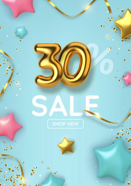 30 off discount promotion sale made of realistic 3d gold balloons with stars, sepantine and tinsel. Number in the form of golden balloons. Vector — Stock Vector