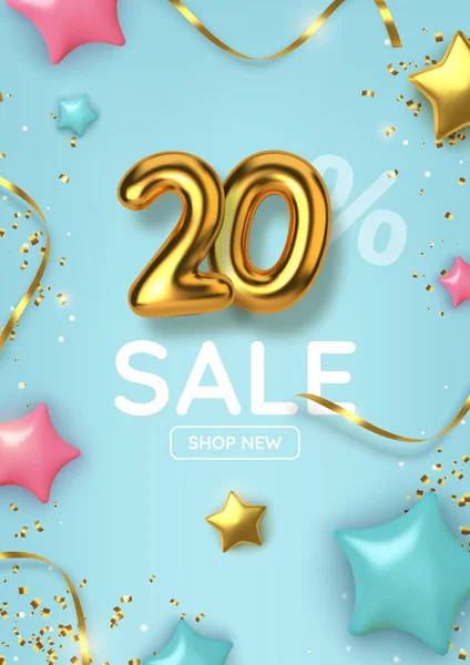 20 off discount promotion sale made of realistic 3d gold balloons with stars, sepantine and tinsel. Number in the form of golden balloons. Vector — Stock Vector