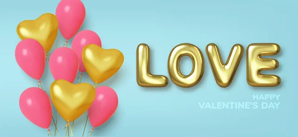 День святого Валентина фон с реалистичными шариками розовый и золотой формы сердца. Текст в форме золотых шариков. Любовь и свадьба. Вектор — стоковый вектор