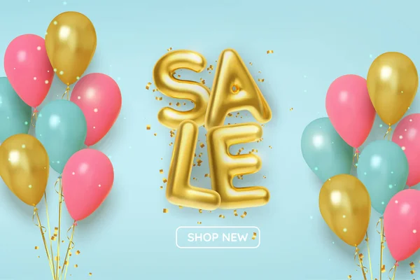Discount promotion sale made of realistic 3d gold balls with pink and gold balloons. Vector — Stock Vector