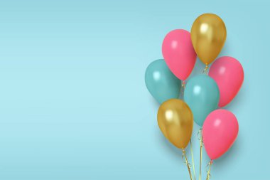 Pembe, mavi ve altın balonların gerçekçi çizimi. 