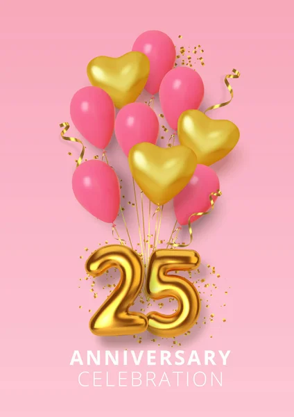 25-летие празднования Номер в форме сердца из золотых и розовых шариков. Реалистичные 3d золотых чисел и игристых конфетти, змея. Вектор — стоковый вектор