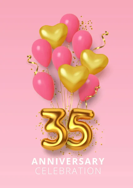 Празднование 35-летия Номер в форме сердца из золотых и розовых шариков. Реалистичные 3d золотых чисел и игристых конфетти, змея. Вектор — стоковый вектор