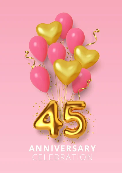 45周年庆祝活动金气球和粉红气球的心形数字。现实的3D黄金数字和闪闪发光的五彩纸屑，蛇形。B.病媒 — 图库矢量图片