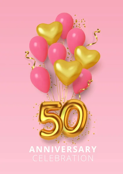 Altın ve pembe balonların kalbinde 50. yıl dönümü kutlamaları. Gerçekçi 3D altın rakamlar ve ışıl ışıl konfeti, yılan gibi. Vektör — Stok Vektör