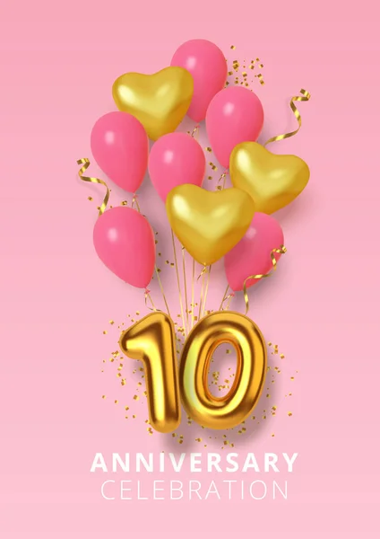 Obchody 10. rocznicy Numer w kształcie serca złotych i różowych balonów. Realistyczne trójwymiarowe złote cyfry i musujące konfetti, serpentyna. Wektor Wektor Stockowy