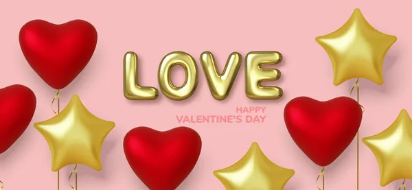 Walentynki tło z realistycznych balonów różowy i złoty w kształcie serca. Tekst w postaci złotych kulek. Miłość i ślub. Wektor Grafika Wektorowa