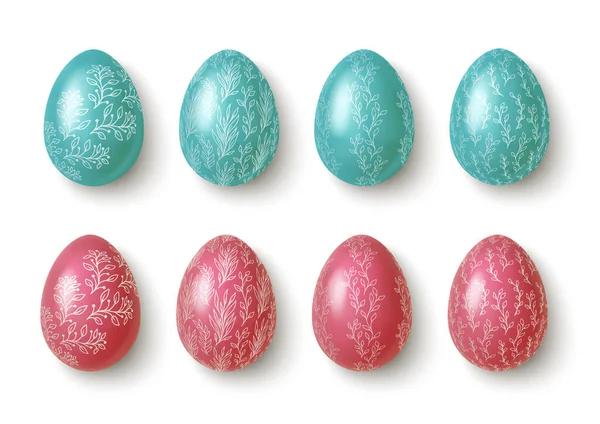 Huevos realistas de Pascua rosados y azules con adornos florales. Vector — Archivo Imágenes Vectoriales