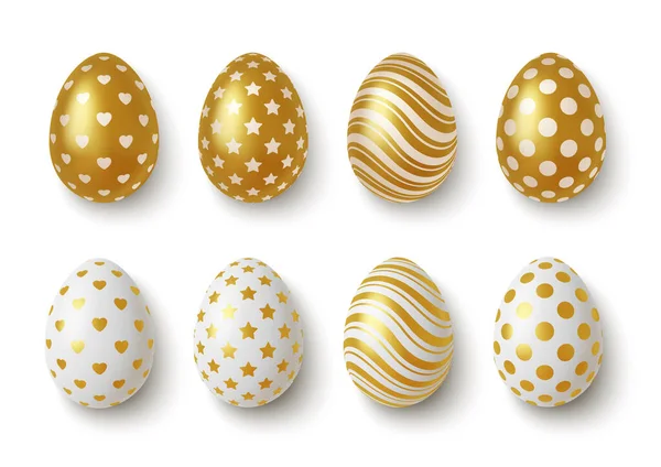 Oro realistico e uova di Pasqua bianche con ornamenti geometrici. Vettore Illustrazioni Stock Royalty Free
