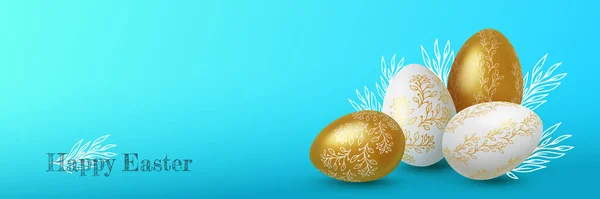 Uova pasquali realistiche in oro e bianco con ornamenti floreali su sfondo blu. Illustrazione vettoriale Illustrazioni Stock Royalty Free