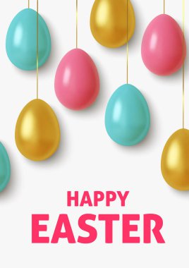 Gerçekçi altın, beyaz arkaplanlı mavi ve pembe paskalya yumurtaları. Vektör