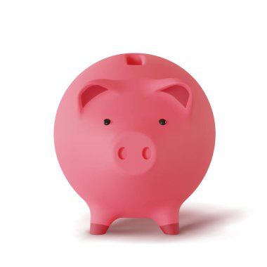 Beyaz arka planda izole edilmiş domuz şeklinde üç boyutlu gerçekçi para kutusu, vektör