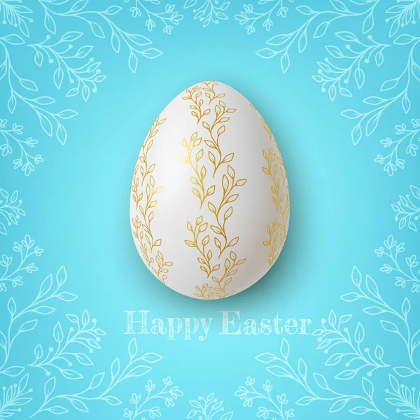 Realistyczne jajka wielkanocne ze złotymi i białymi ozdobami kwiatowymi na niebieskim tle. Wektor Grafika Wektorowa