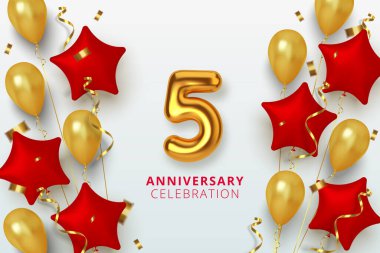 Altın ve kırmızı balonların yıldız şeklindeki 5. yıldönümü kutlamaları. Gerçekçi 3D altın rakamlar ve ışıl ışıl konfeti, yılan gibi. Vektör