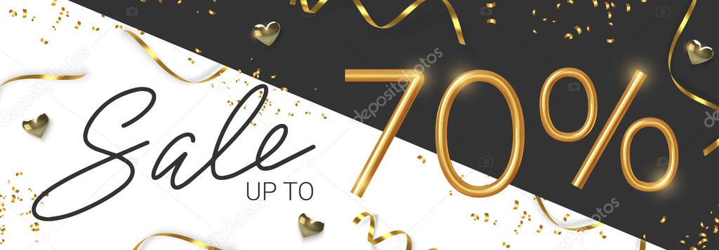 70 off discount promotion sale made of realistic 3d gold number with sepantine and tinsel. Vector