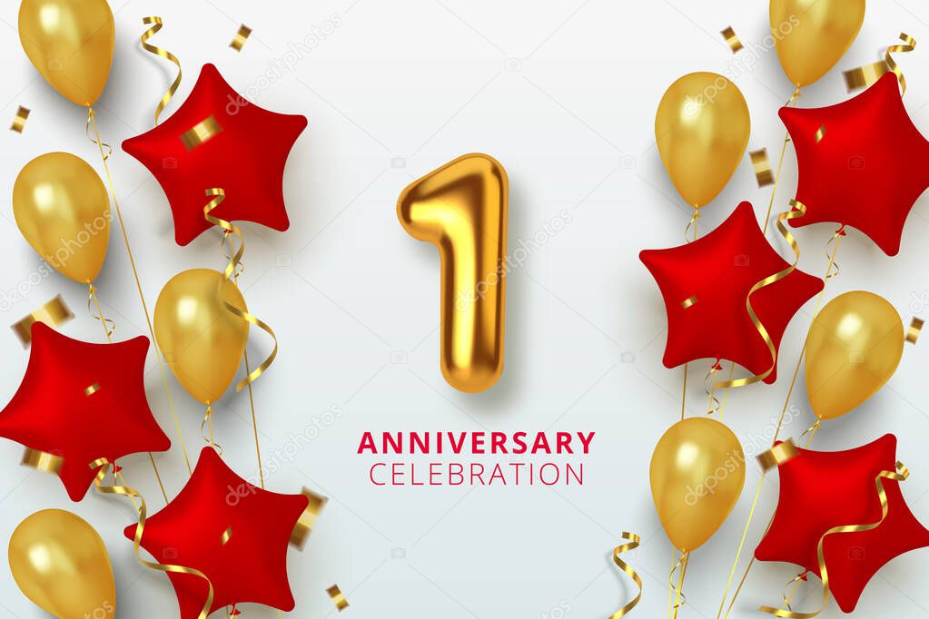 1 Anniversary celebration Number in the form star of golden and red balloons. Realistic 3d gold numbers and sparkling confetti, serpentine. Vector