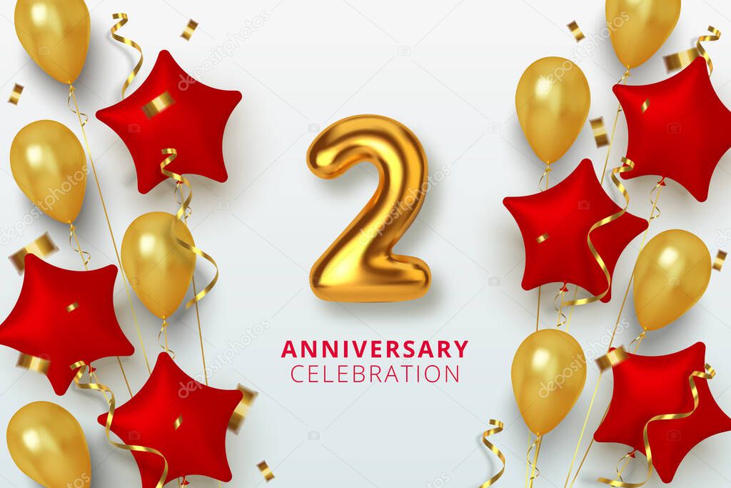 2 Anniversary celebration Number in the form star of golden and red balloons. Realistic 3d gold numbers and sparkling confetti, serpentine. Vector