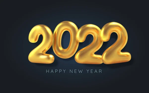 Gelukkig Nieuwjaar. 3D Realistische gouden inscriptie ballon 2022 op zwarte achtergrond. Gouden metalen tekst voor banner design. Vectorillustratie — Stockvector