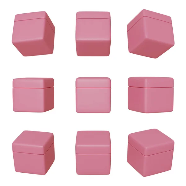 Conjunto realista caja de color rosa 3d. Ilustración vectorial. Gráficos vectoriales