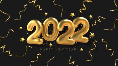 3D gerçekçi yazıt balonu 2022 ve siyah arka planda altın yılan. Yeni yıl afiş tasarımı için altın metalik metin. Vektör