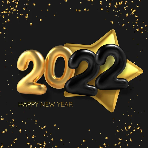 3D Realistic inscription balloon 2022 and golden star on black background. Gold metallic text new year for banner design. Vector — Stock Vector