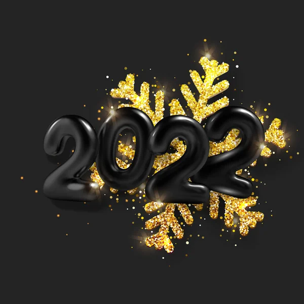 3D Realistic inscription balloon 2022 and golden snowflake on black background. Gold metallic text new year for banner design. Vector — Stock Vector