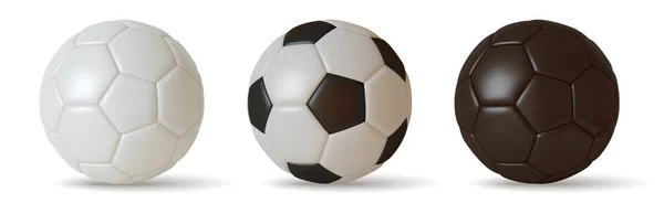 Koleksiyon futbol topu beyaz ve siyah renkli, beyaz arkaplanda 3 boyutlu gerçekçi izole edilmiş. vektör Telifsiz Stok Vektörler