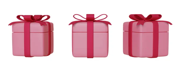Набір реалістичної рожевої 3d подарункової коробки з бантами та стрічками, ізольовані на білому тлі. Векторні ілюстрації — стоковий вектор